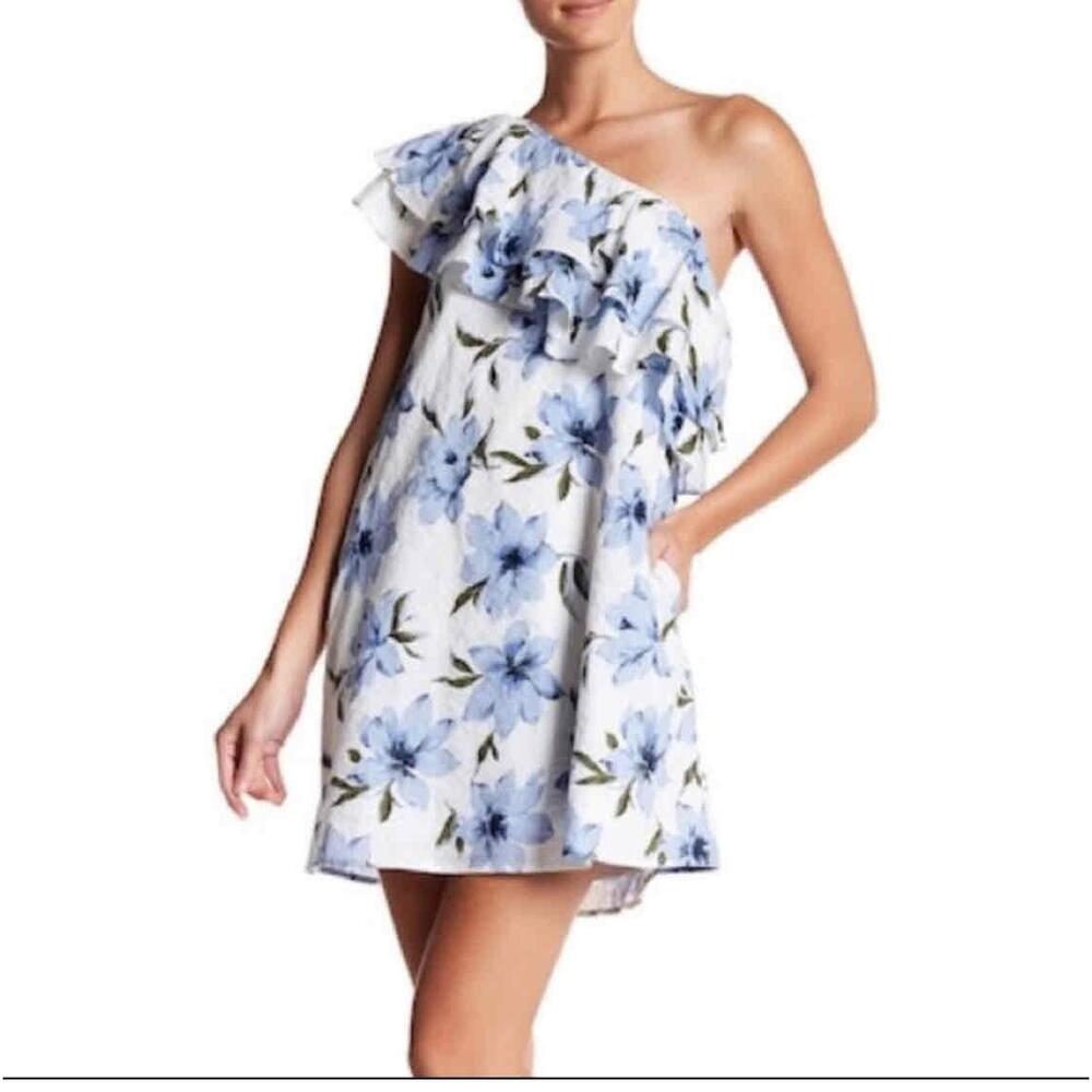 Floral Blue & White One-Shoulder Ruffle Fabrik Shift Mini Dress NWT Love‎ Riche
